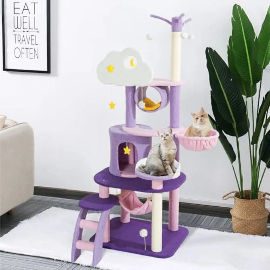 Cute Cat Tower 65 Inches Unique Cat Tree Large Tall for Indoor Cats Purple Pink Cloud Big Cat Tree Cat Castle Mansion Condo for