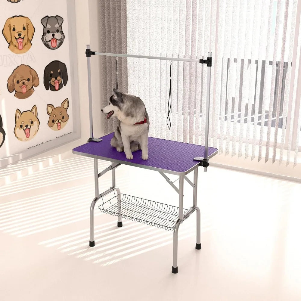 Foldable Dog Grooming Table with Adjustable Arm, Noose, and Storage Mesh Tray, Supports Up to 330lbs