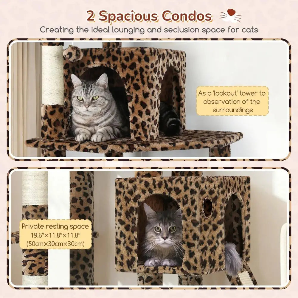 Sturdy 70 Leopard Print Cat Tower with Scratching Post, Hammock, and 2 Condos for Indoor Cats