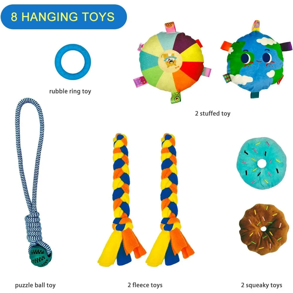 Dewonch Puppy Play Gym with 8 Hanging Toys, Small Dogs Indoor Jungle Gym, PVC Frame with Bungee Straps Enrichment Activity Cente