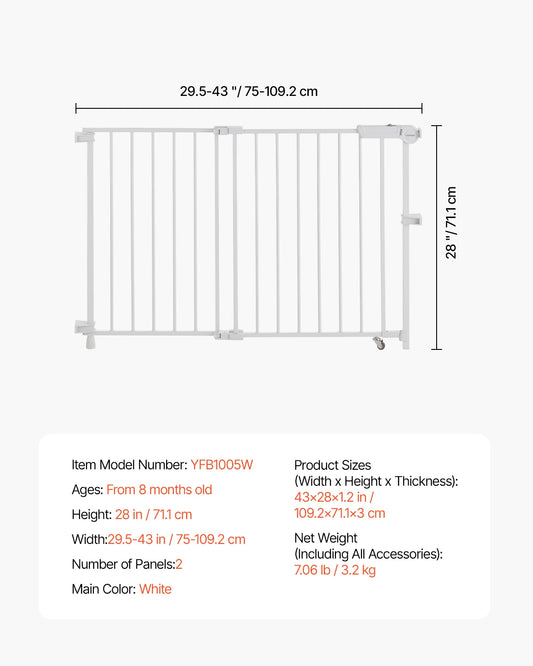VEVOR Baby Gate 29.5-43 Inches Adjustable Width 28 Inches High Dog Gate No Threshold Bar Easy Step Walk for Child Pet Security