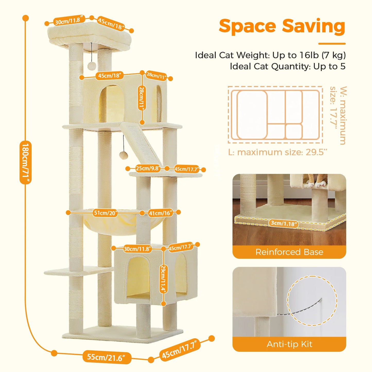 Tall Cat Tree with Scratching Posts Cozy Hammock Top Perch Multi-Level Large Cat Tower Spacious Cat Condo for Indoor Cat Toys