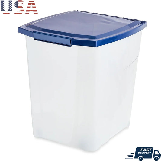 Plastic Pet Food Storage Container 25 lb Capacity Bug Moisture Resistant Locking Lid Rubber Seals Roller Wheels Freshness Large