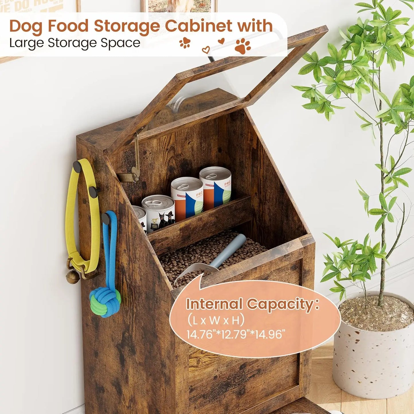 Dog Feeding Station With 2 Elevated Bowls Flip Top Food Storage Cabinet & Pet Toy Organizer 48-Quart Capacity Pull-Out Feeder