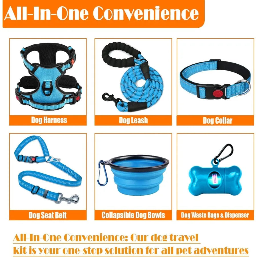 No Pull Dog Harness Collar Leash Set with Dog Seat Belt Collapsible Bowls and Poop Bag Dispenser for Training Walking and Hikin