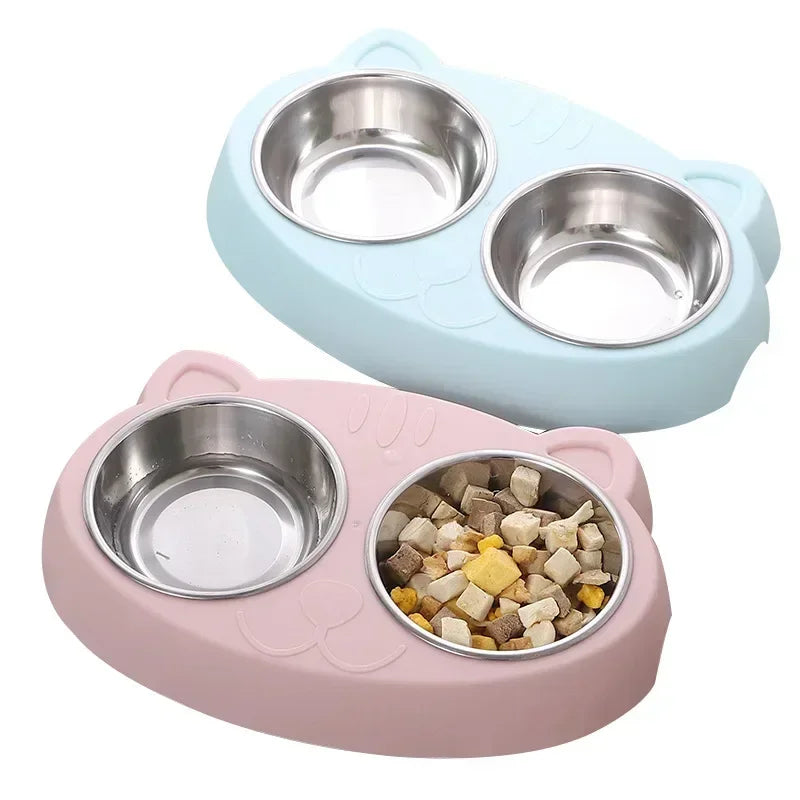 Double Bowl Pet Feeder Tray for Cats and Dogs Plastic