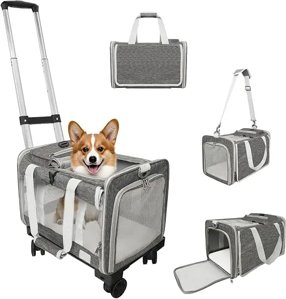 Carrier with Wheels Up to 25 lbs Airline Approved Dog Carrier Rolling Pet Carrier w/Removable Wheels & Washable Plush Mat