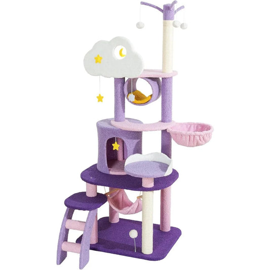 Lucky Monet Cute Cat Tower 65 Inches, Unique Cat Tree Large Tall for Indoor Cats