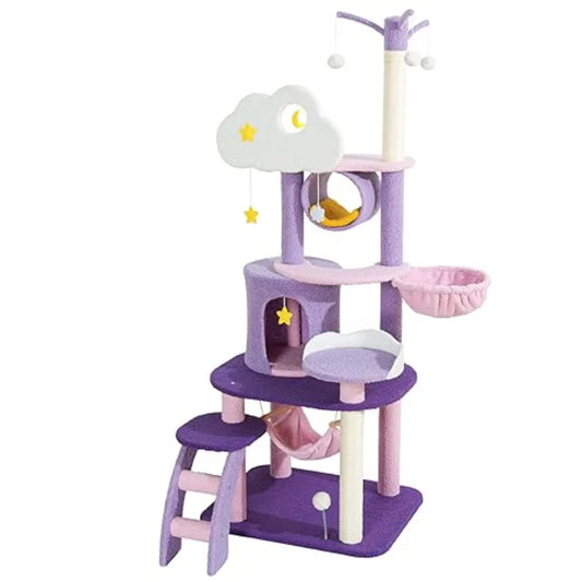 Cute Cat Tower 65 Inches Unique Cat Tree Large Tall for Indoor Cats Purple Pink Cloud Big Cat Tree Cat Castle Mansion Condo for