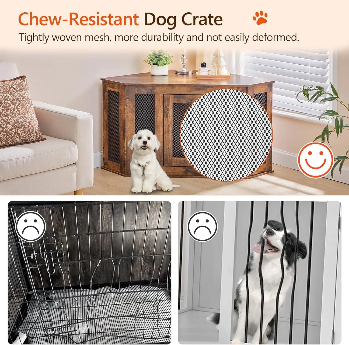 Corner Dog Crate Furniture, Wooden Kennel End Table for Small Medium Dogs, Indoor Pet Cage TV Stand Rustic Brown