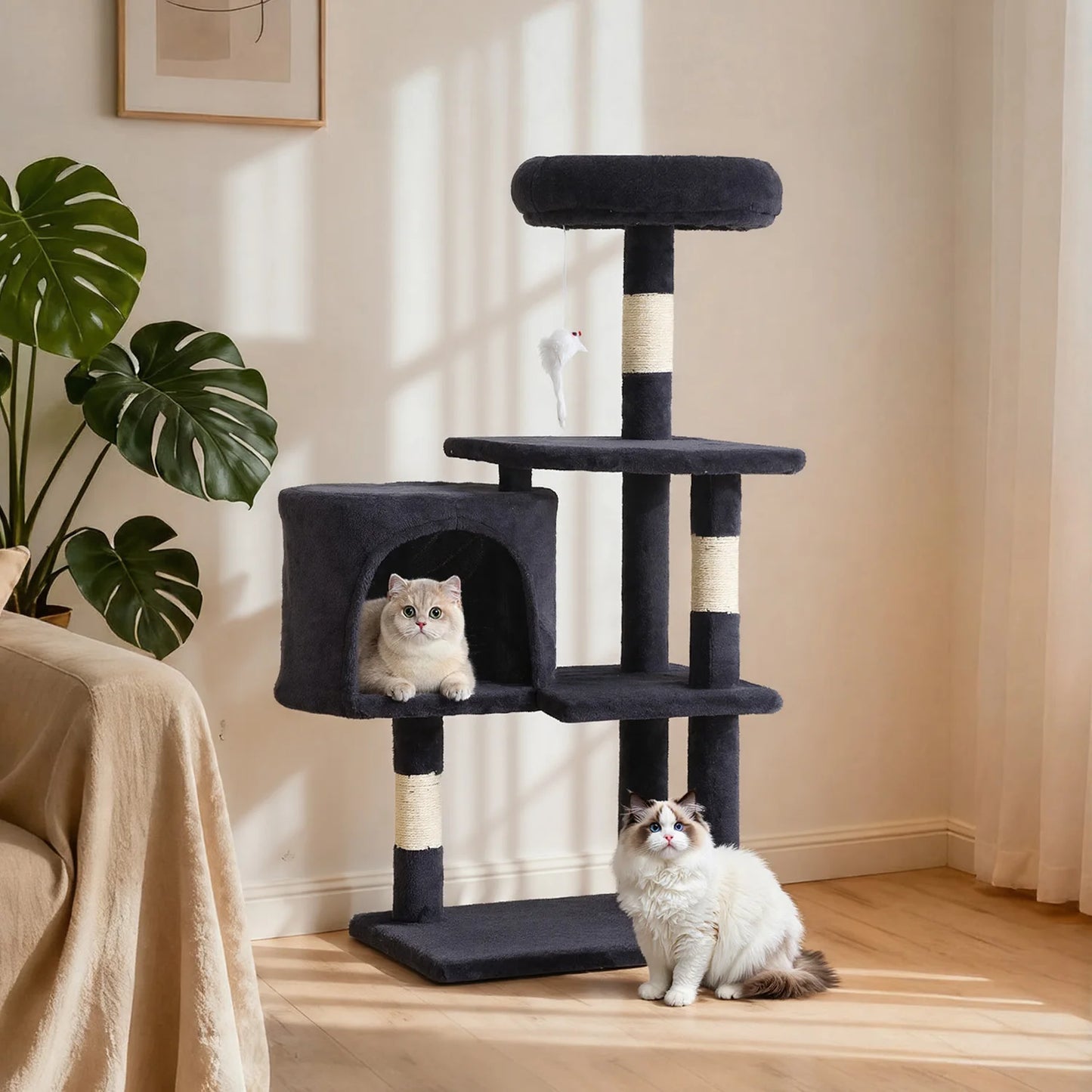 37in Cat Tree Tower for Indoor Cats, Cat Furniture Activity Center with Sisal Scratching Post, Large Condo, Plush Toy for Kitten
