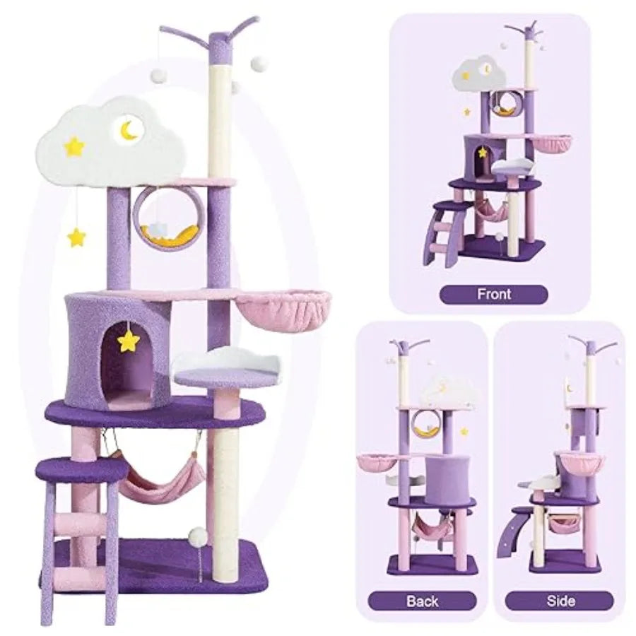 Cute Cat Tower 65 Inches Unique Cat Tree Large Tall for Indoor Cats Purple Pink Cloud Big Cat Tree Cat Castle Mansion Condo for