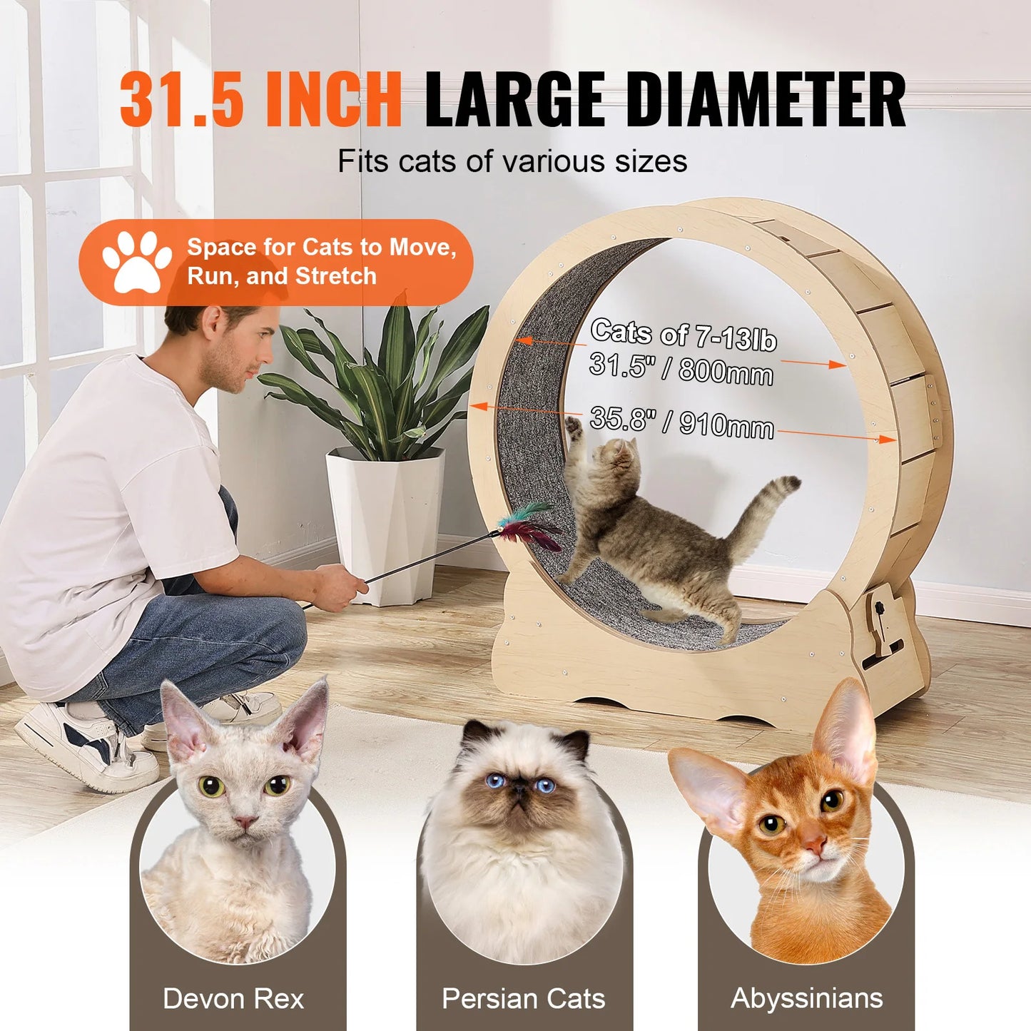 SucceBuy Wooden Cat Exercise Wheel Detachable Carpet Cat Teaser