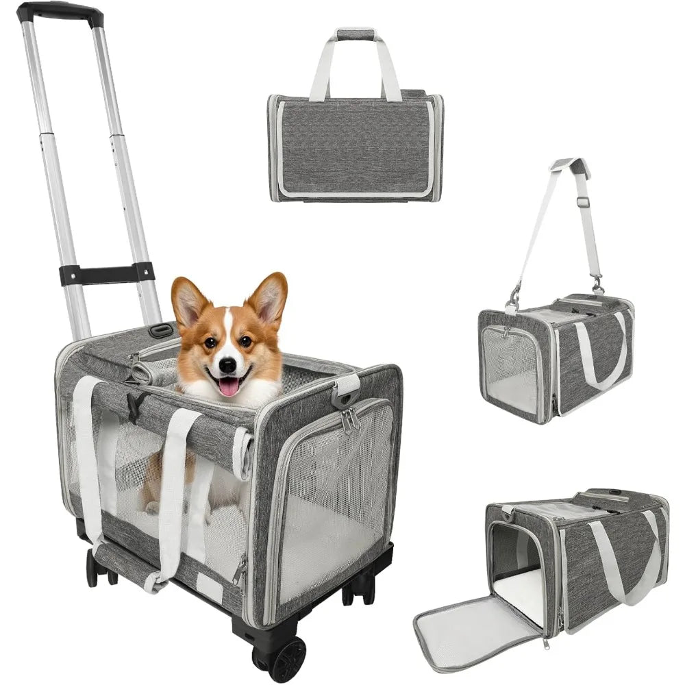 Carrier with Wheels Up to 25 lbs Airline Approved Dog Carrier Rolling Pet Carrier w/Removable Wheels & Washable Plush Mat