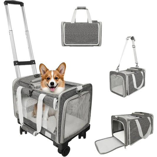Carrier with Wheels Up to 25 lbs Airline Approved Dog Carrier Rolling Pet Carrier w/Removable Wheels & Washable Plush Mat