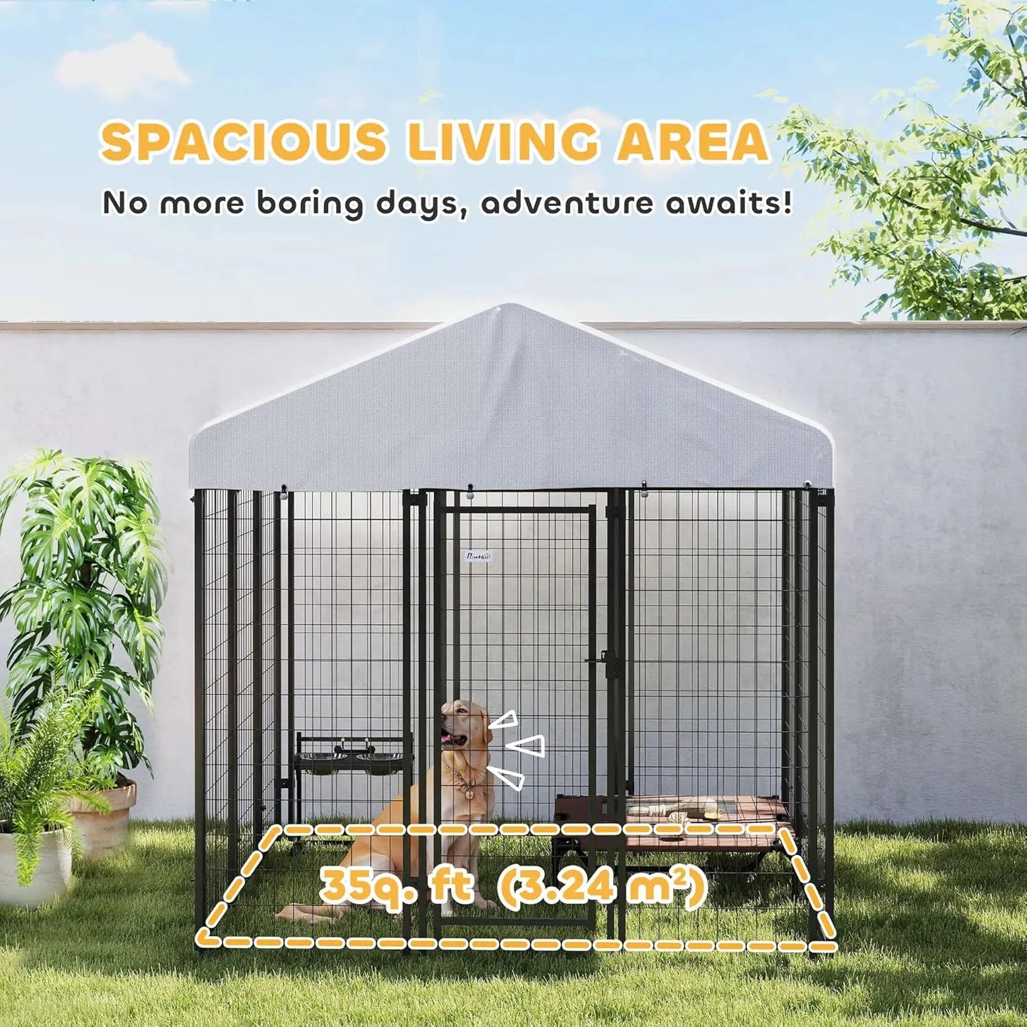 Outdoor Dog Kennel with Roof, 6x6 Heavy Duty Welded Wire Playpen Enclosure, Waterproof Cover for Large Dogs