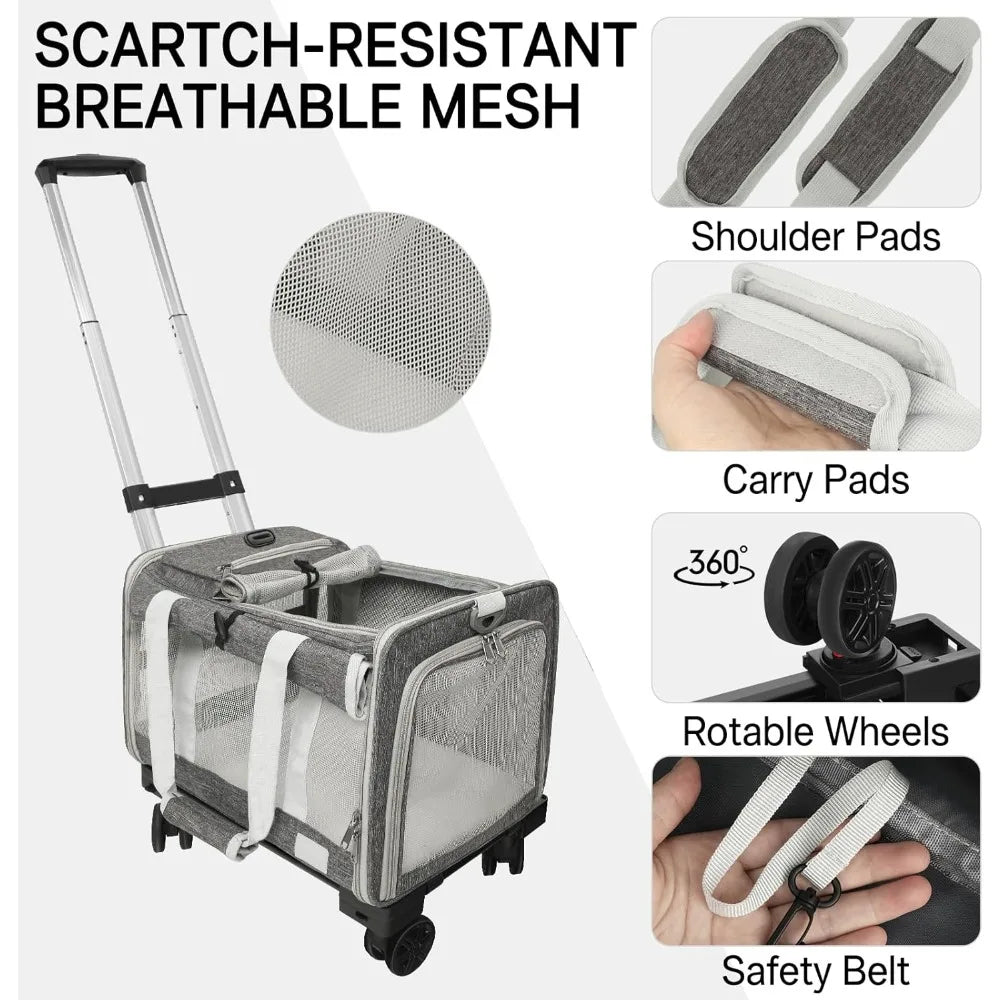 Carrier with Wheels Up to 25 lbs Airline Approved Dog Carrier Rolling Pet Carrier w/Removable Wheels & Washable Plush Mat