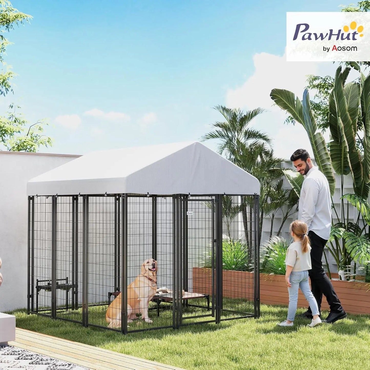 Outdoor Dog Kennel with Roof, 6x6 Heavy Duty Welded Wire Playpen Enclosure, Waterproof Cover for Large Dogs