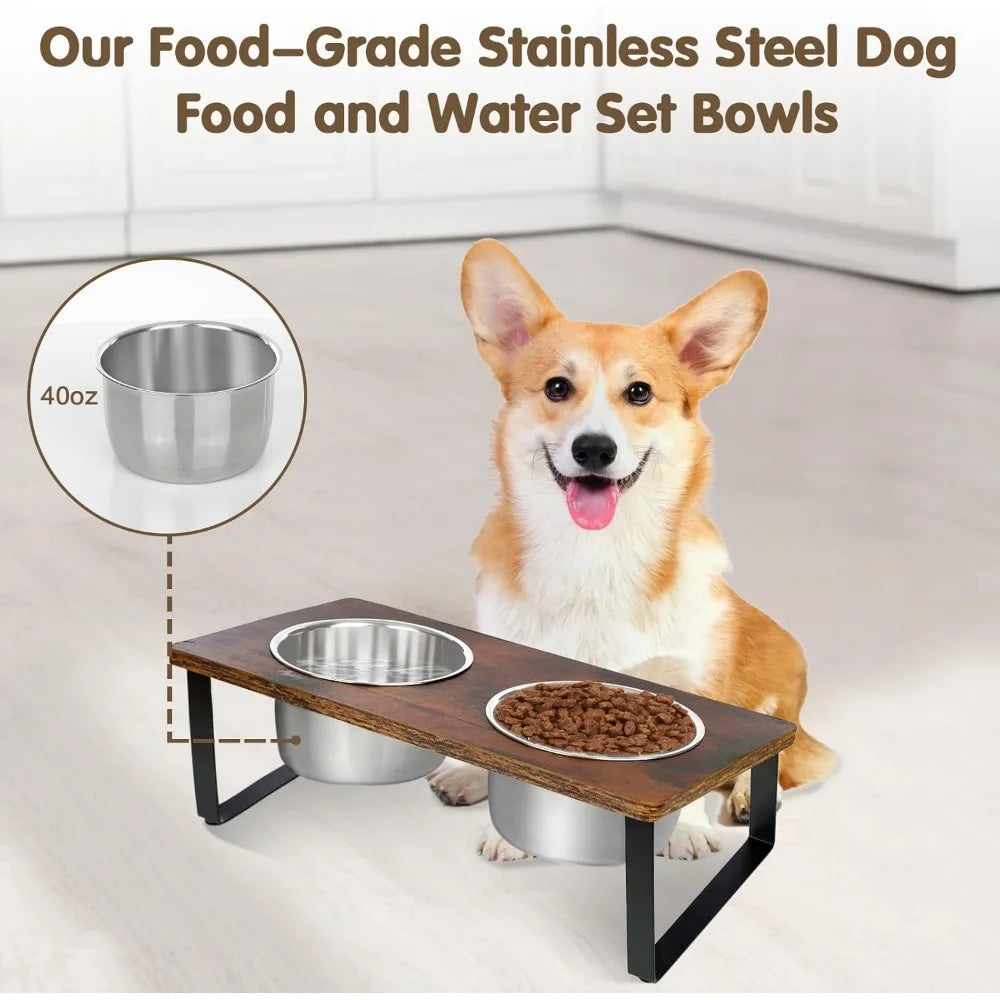 Elevated Dog Bowls for Small Medium Wood Dogs Raised Bowl Stand with 2 Stainless Steel Deep Dog Food and Water Bowls, Anti Vomit