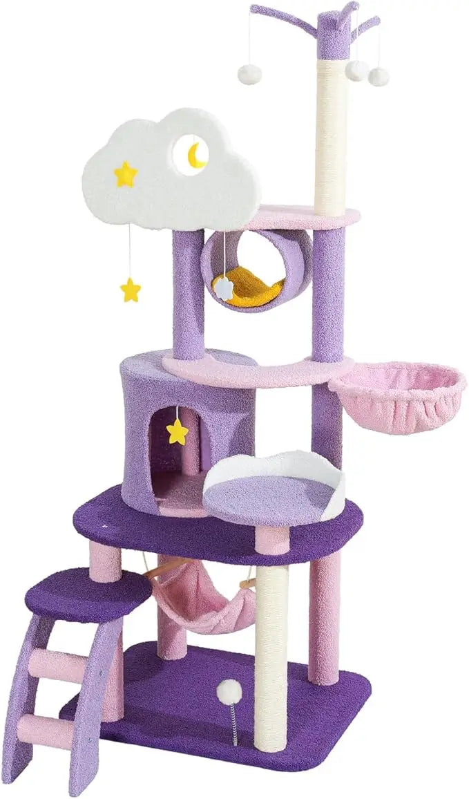 Lucky Monet Cute Cat Tower 65 Inches, Unique Cat Tree Large Tall for Indoor Cats