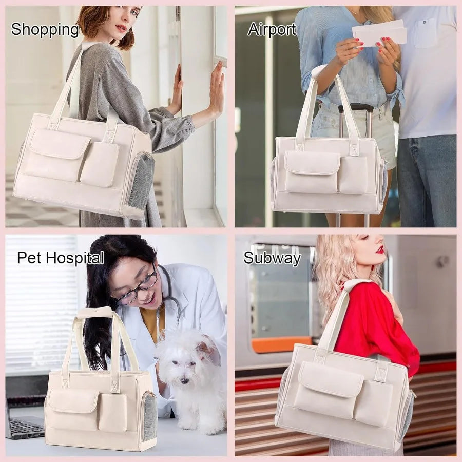 Fashion Leather Pet Carrier Purse Airline Approved Soft Sided Tote