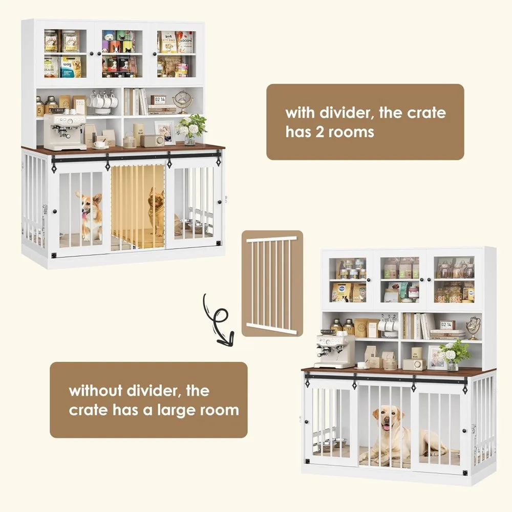 Dog Crate Furniture for Large Dogs for 2 Pets with Divider, Front&Sides 4 Doors Dog Kennel with Feeding Bowls, Indoor Cage/Side