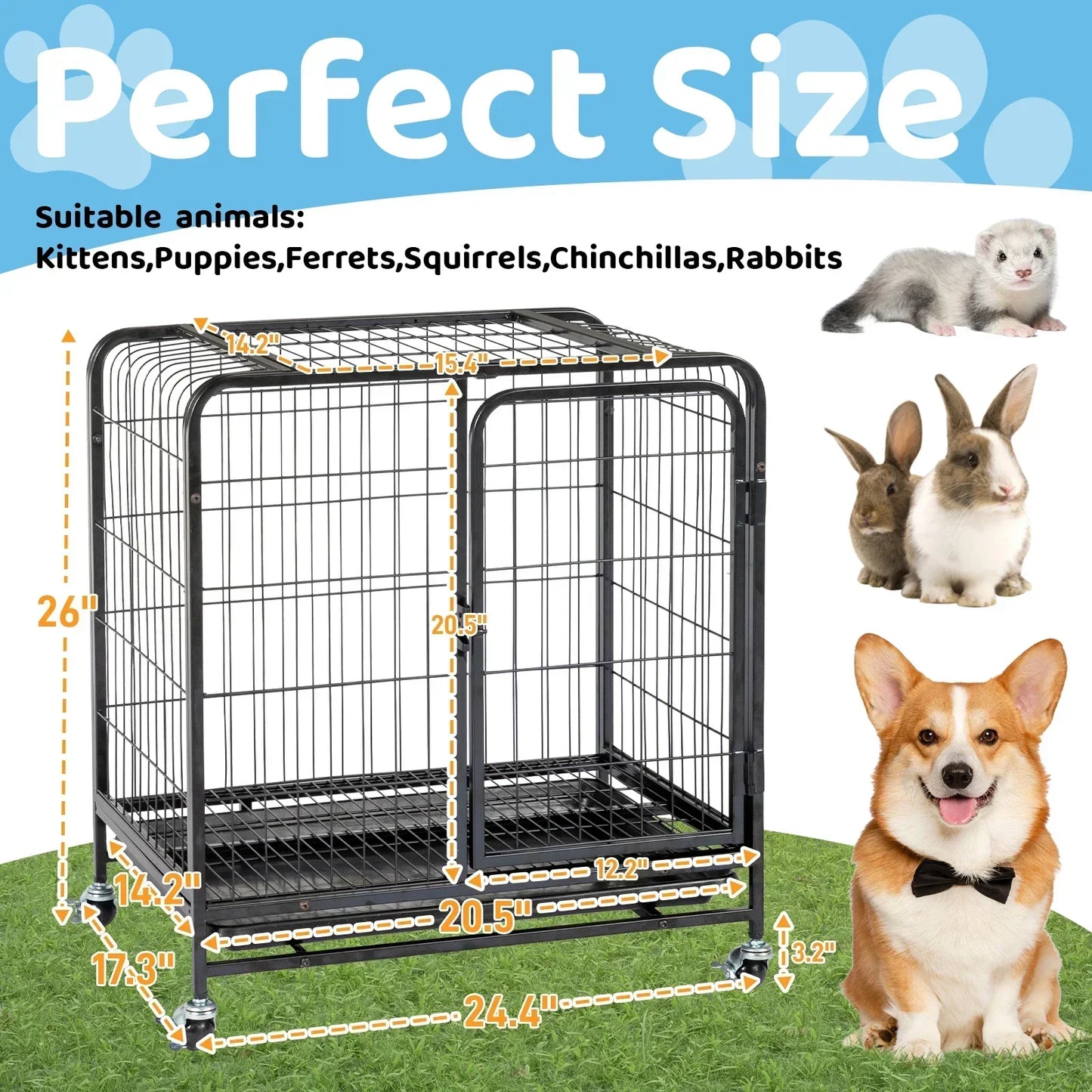 Durable Cat Cage Enclosure With Double Doors And Lockable Wheels