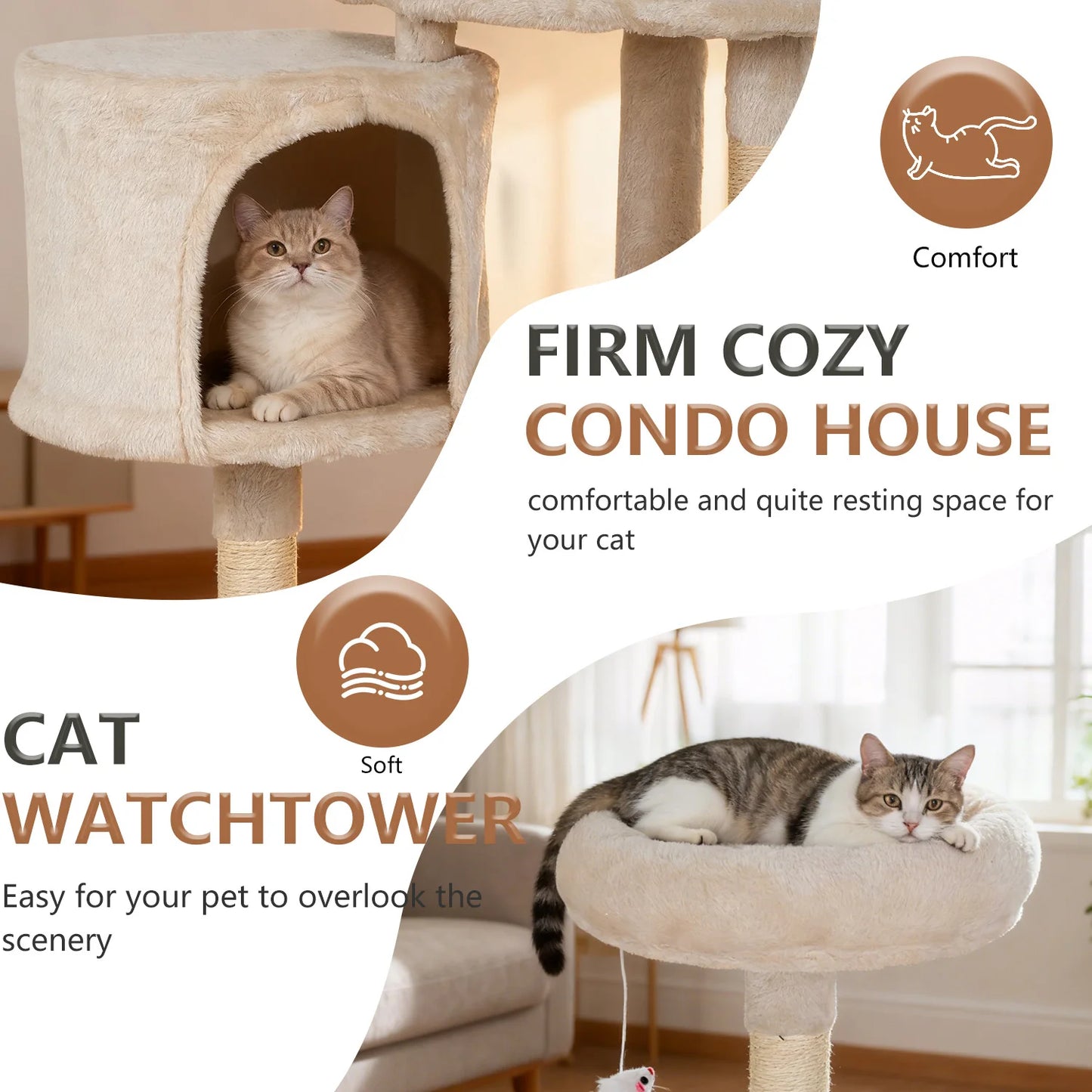 37in Cat Tree Tower for Indoor Cats, Cat Furniture Activity Center with Sisal Scratching Post, Large Condo, Plush Toy for Kitten