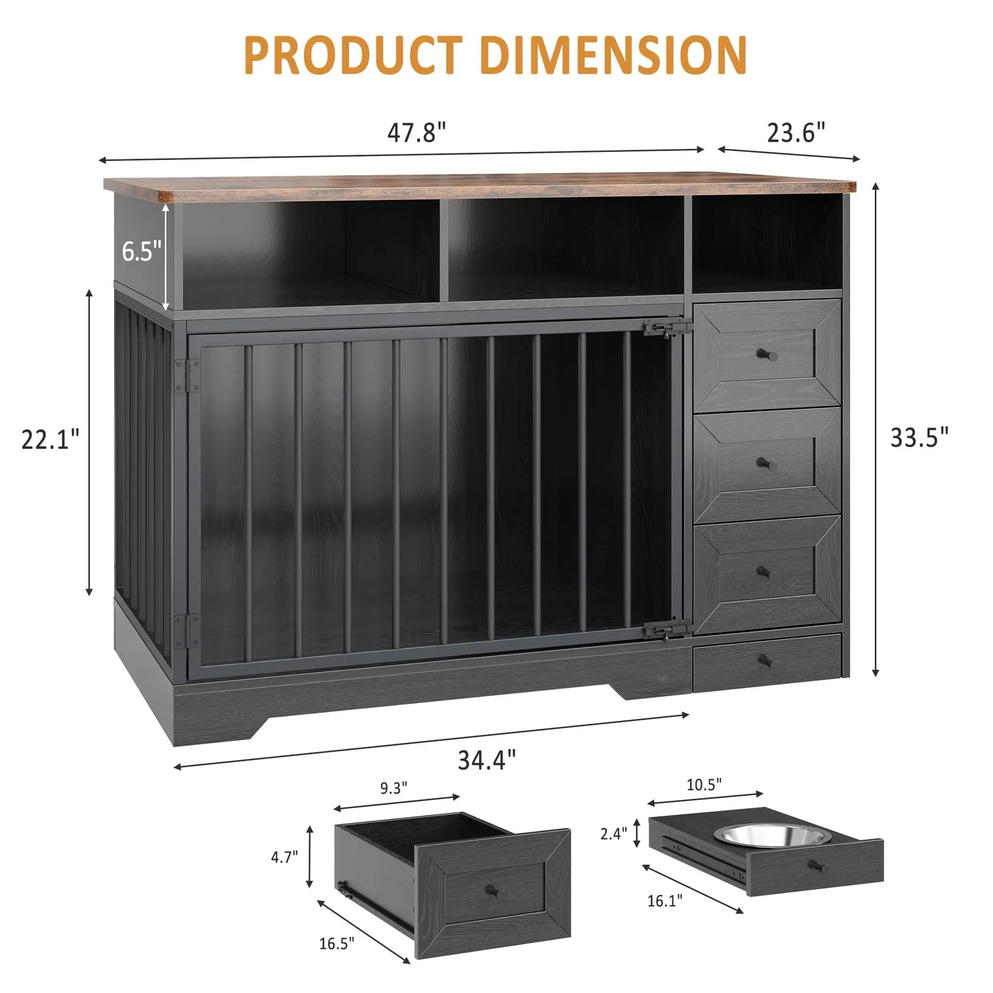 48 Inch Large Farmhouse Wooden Dog Crate Furniture With 6 Storage Drawers Feeding Station Heavy Duty Dog Kennel End Table