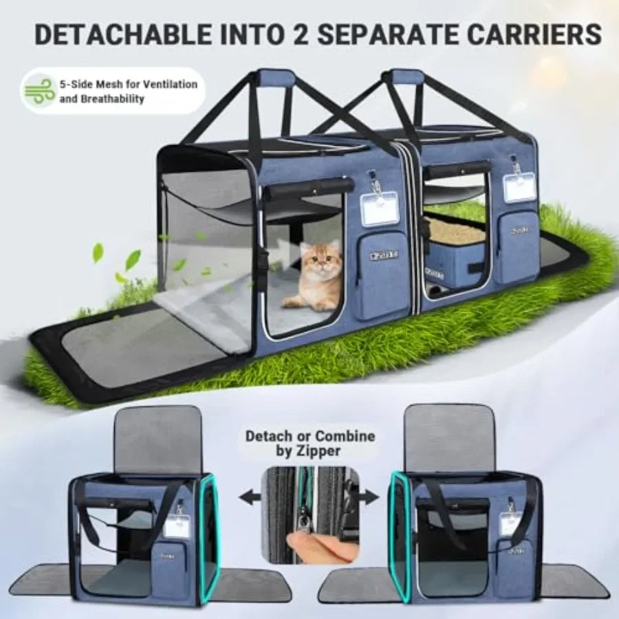 2-In-1 Double Cat Carrier With Built-in Litter Box Portable