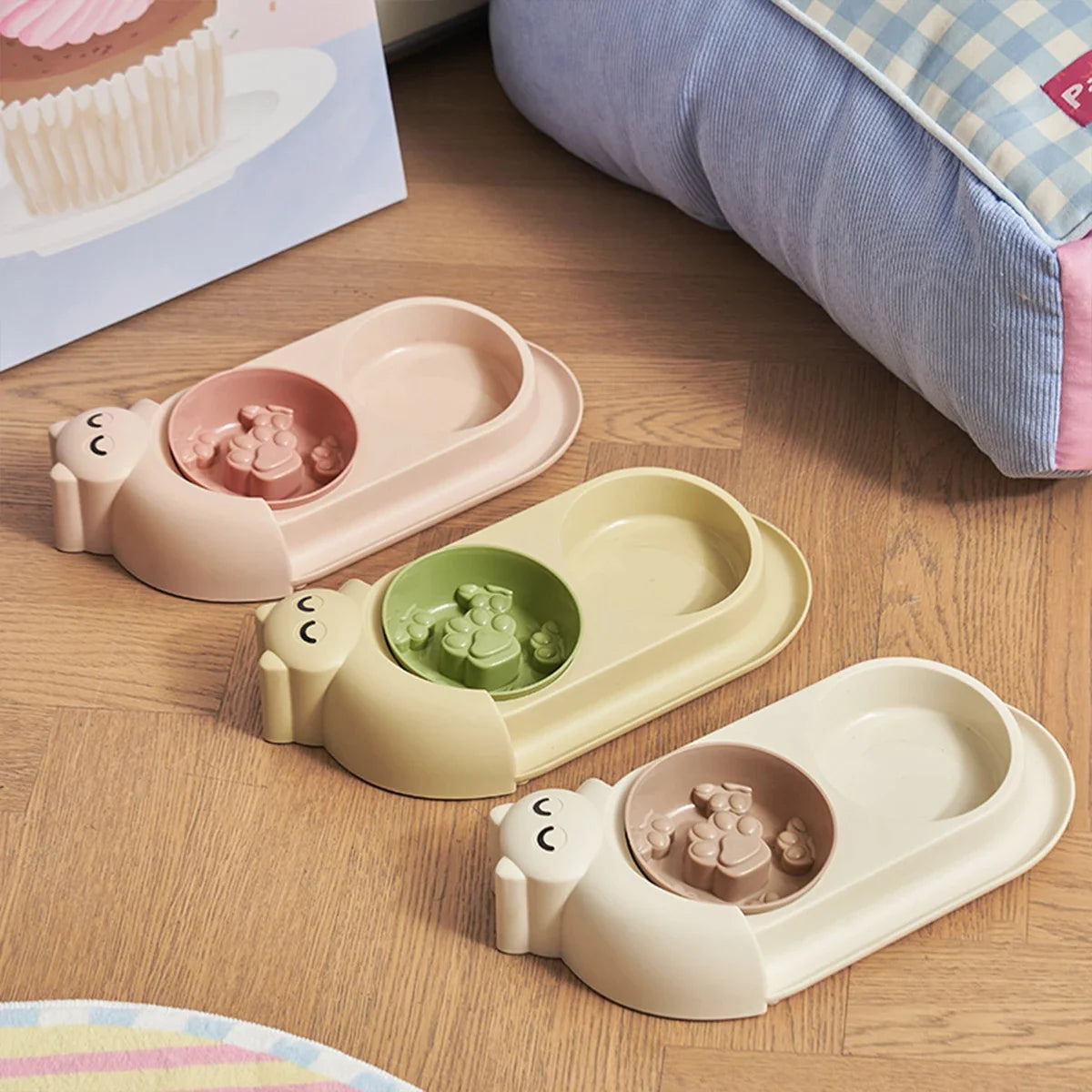 One piece multifunctional pet double bowl cartoon containing stainless steel bowl pet food utensils pet feeding water feeding tw