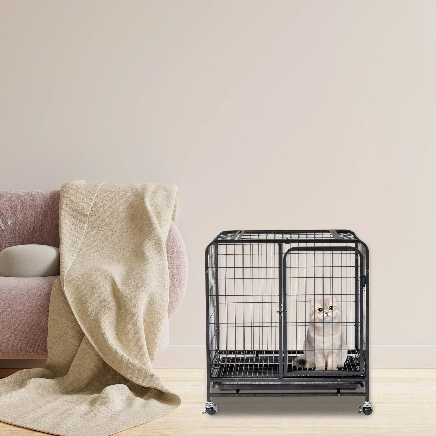 Durable Cat Cage Enclosure With Double Doors And Lockable Wheels