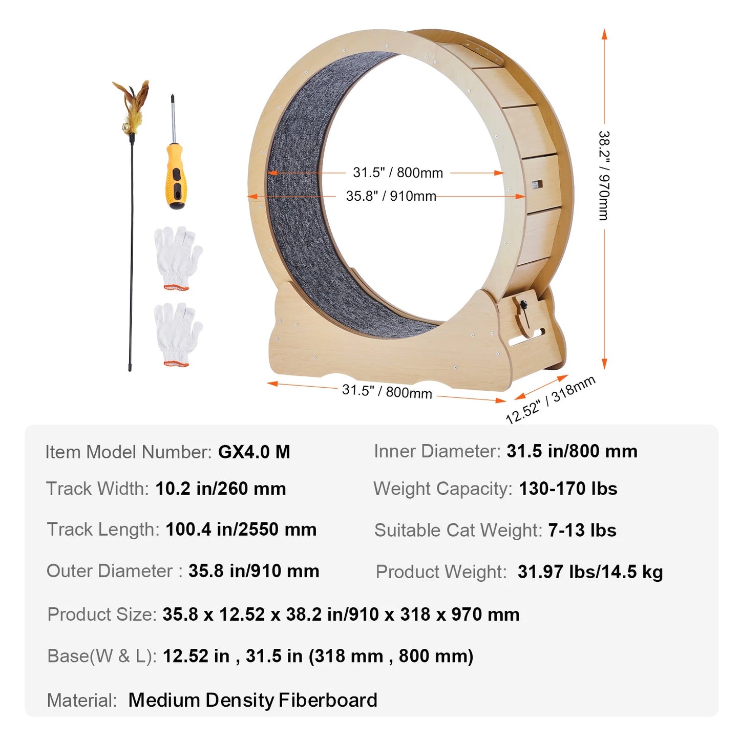 SucceBuy Wooden Cat Exercise Wheel Detachable Carpet Cat Teaser