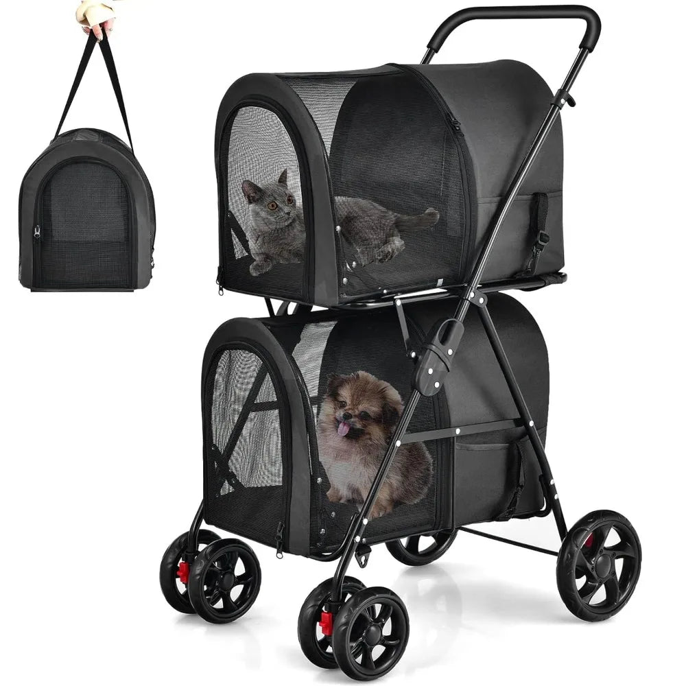TIFICY Double Pet Stroller With 2 Detachable Carrier Bags