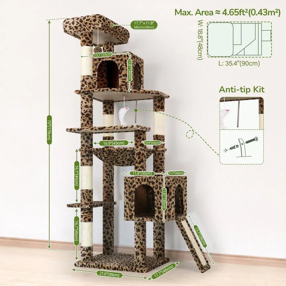 Sturdy 70 Leopard Print Cat Tower with Scratching Post, Hammock, and 2 Condos for Indoor Cats