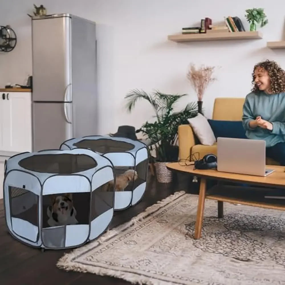 2-in-1 Dog & Cat Playpen Portable Pop-up Indoor/Outdoor Kennel Dual Zone Design Sturdy Steel Frame Removable Top Cover Roll-Up