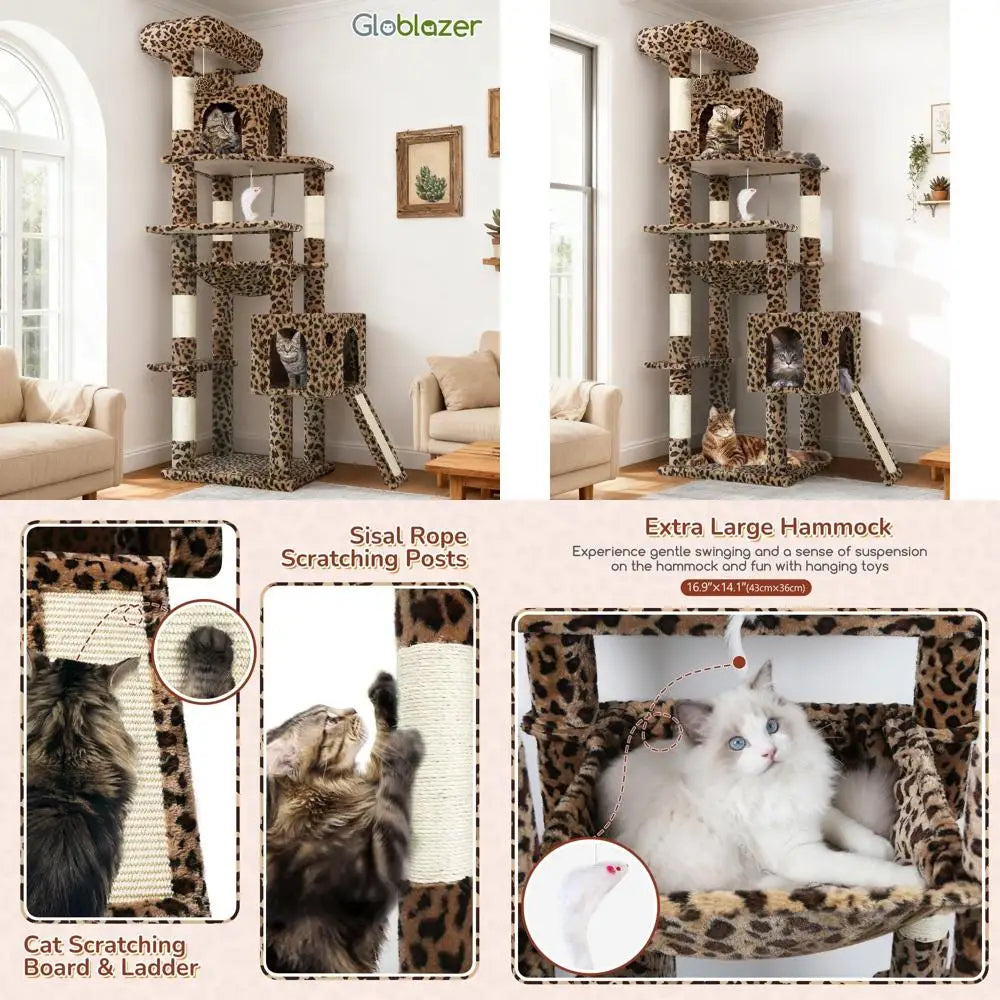 Sturdy 70 Leopard Print Cat Tower with Scratching Post, Hammock, and 2 Condos for Indoor Cats