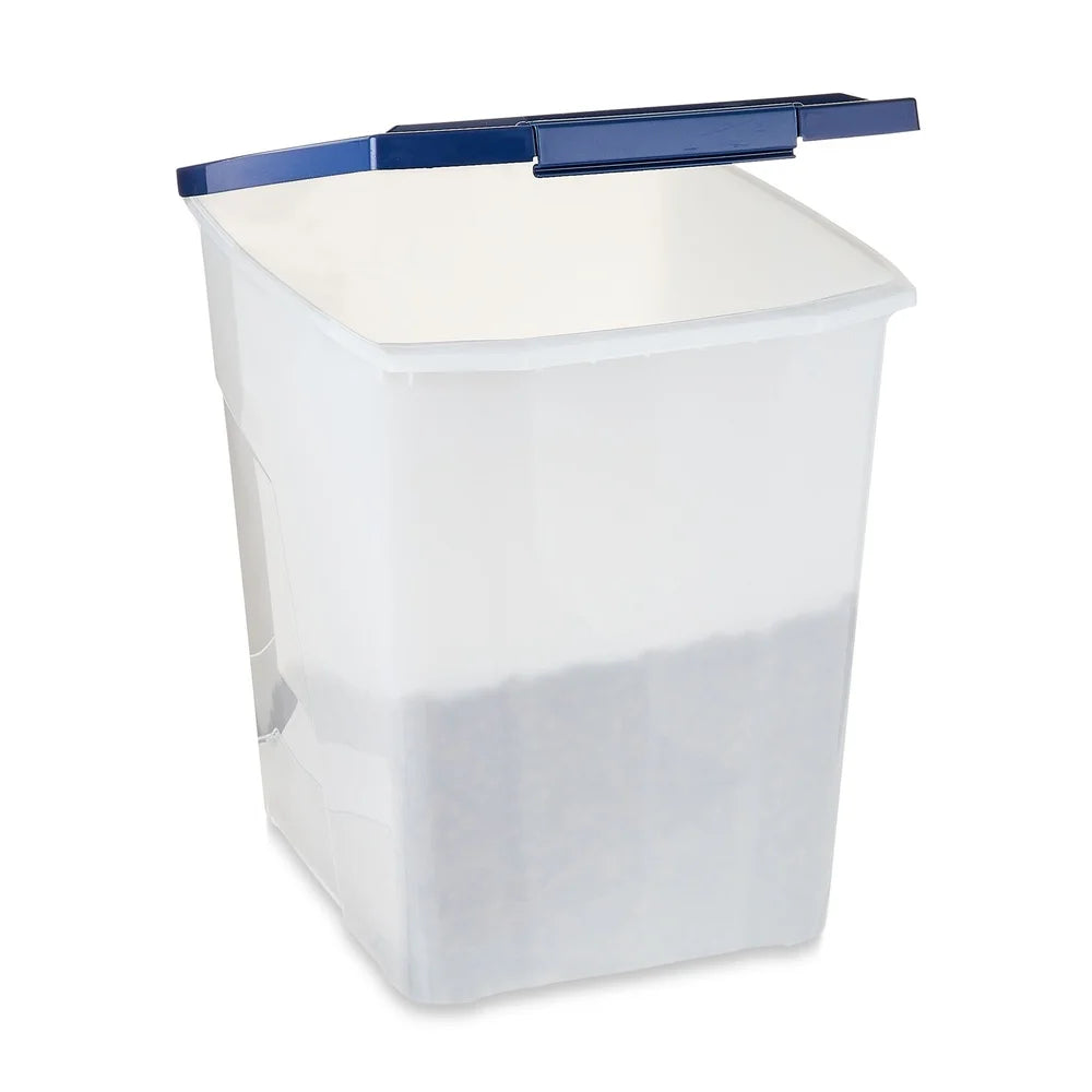 Plastic Pet Food Storage Container 25 lb Capacity Bug Moisture Resistant Locking Lid Rubber Seals Roller Wheels Freshness Large