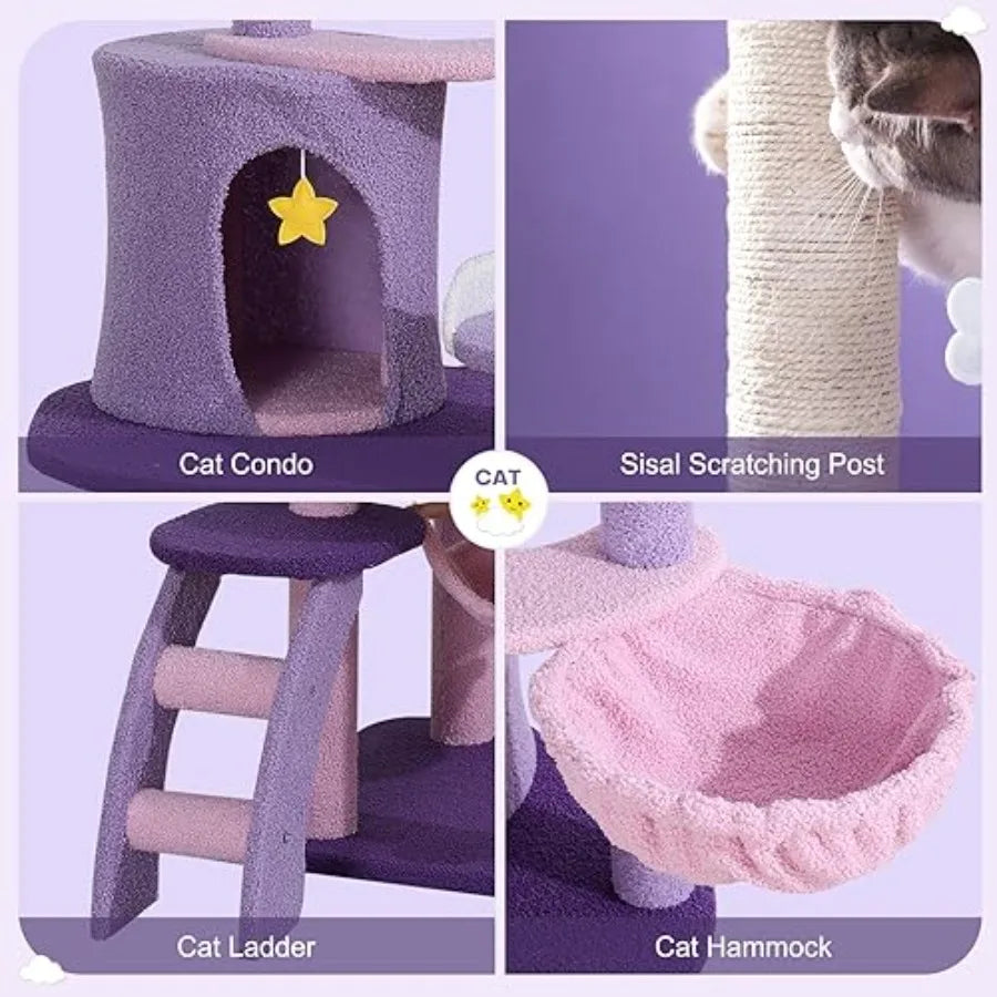 Cute Cat Tower 65 Inches Unique Cat Tree Large Tall for Indoor Cats Purple Pink Cloud Big Cat Tree Cat Castle Mansion Condo for