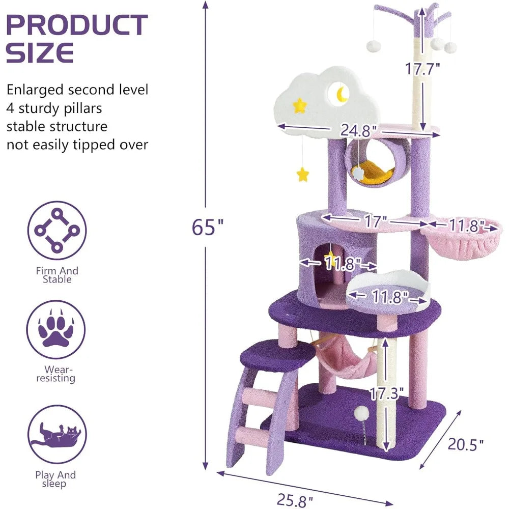 Lucky Monet Cute Cat Tower 65 Inches, Unique Cat Tree Large Tall for Indoor Cats