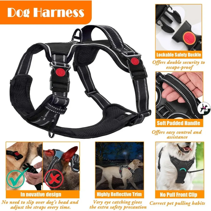 No Pull Dog Harness Collar Leash Set with Dog Seat Belt Collapsible Bowls and Poop Bag Dispenser for Training Walking and Hikin