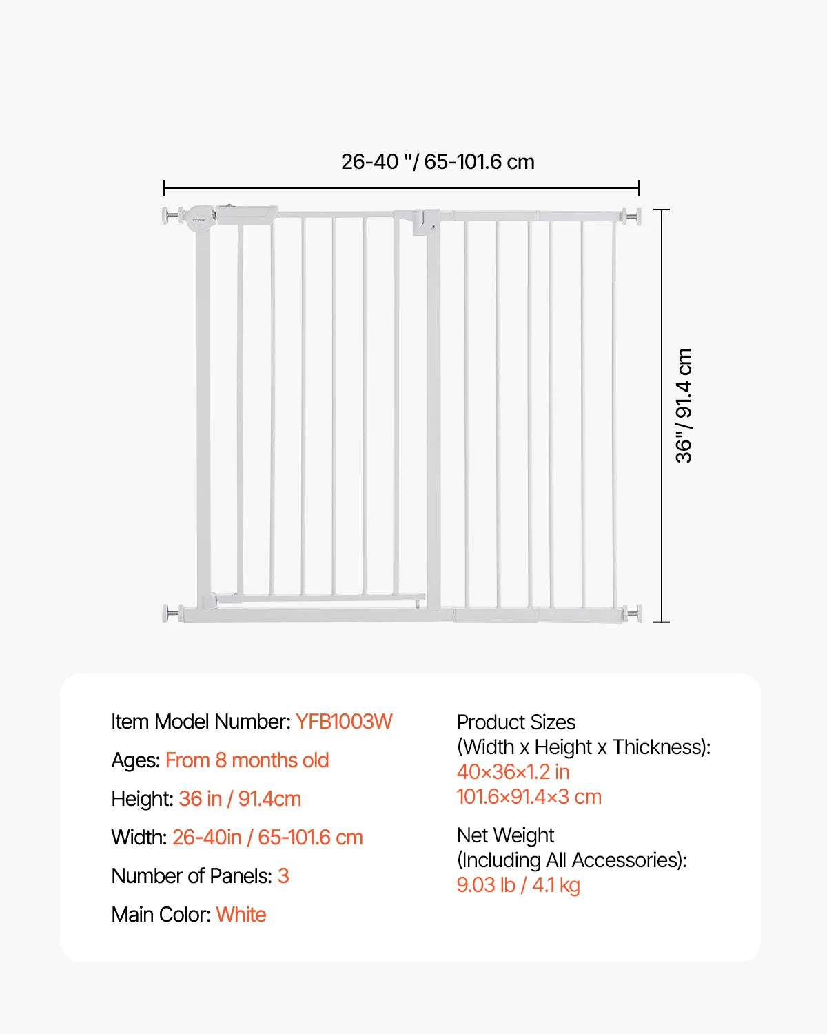 VEVOR Baby Gate 28/30/36 Inches High Dog Gate Easy Step Walk Thru Child Pet Security Pressure Mount Kit Wall Cups Doorways