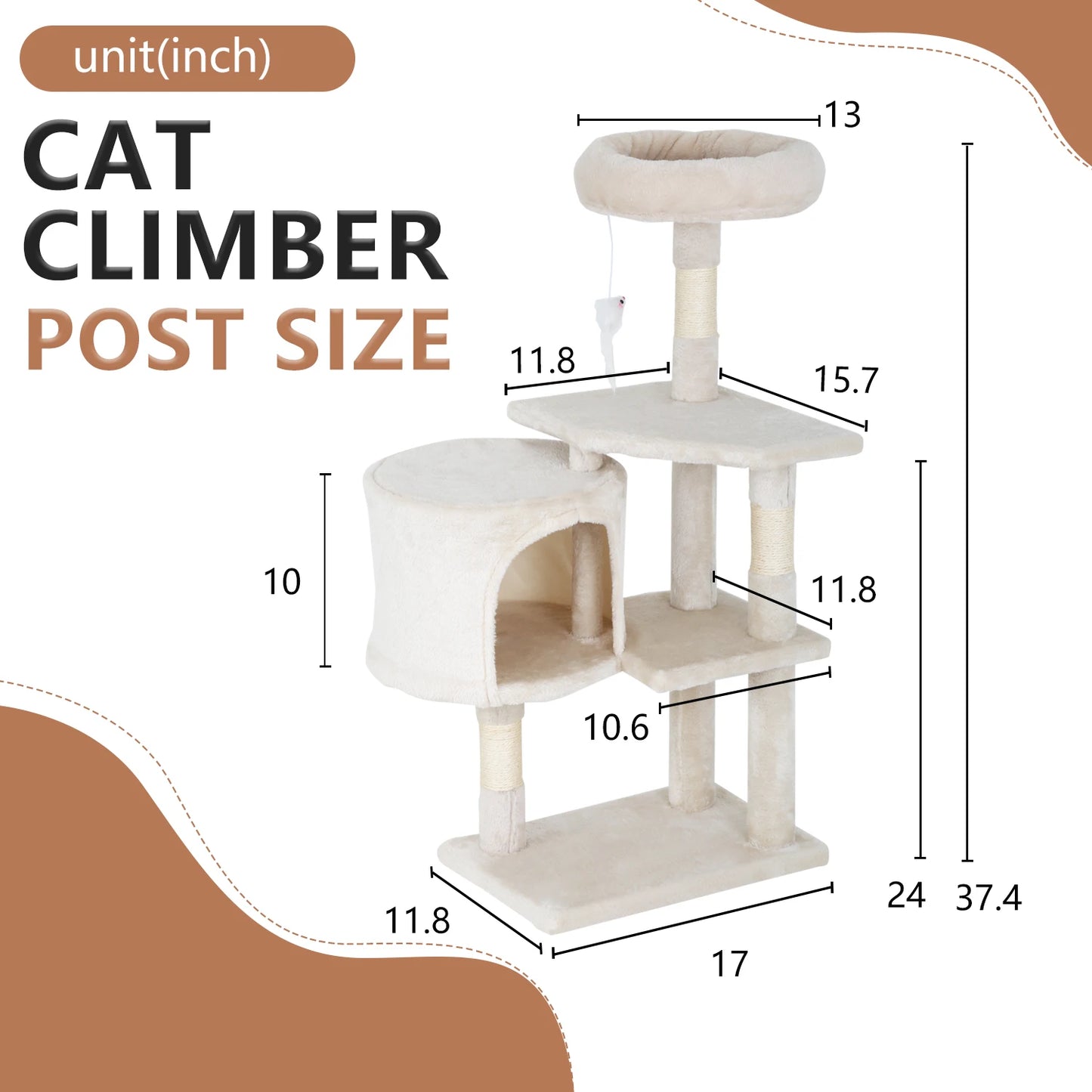 37in Cat Tree Tower for Indoor Cats, Cat Furniture Activity Center with Sisal Scratching Post, Large Condo, Plush Toy for Kitten