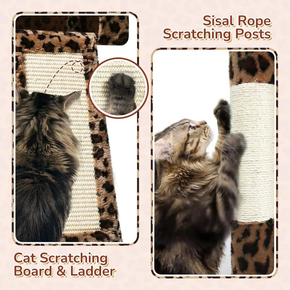 Sturdy 70 Leopard Print Cat Tower with Scratching Post, Hammock, and 2 Condos for Indoor Cats