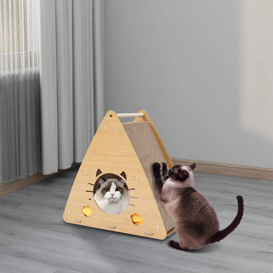 Corrugated Cardboard Cat Scratcher House—Triangle Shape, Rubber Ring+Screw Fixation(Stable), Enclosed Design, Easy Wipe Clean