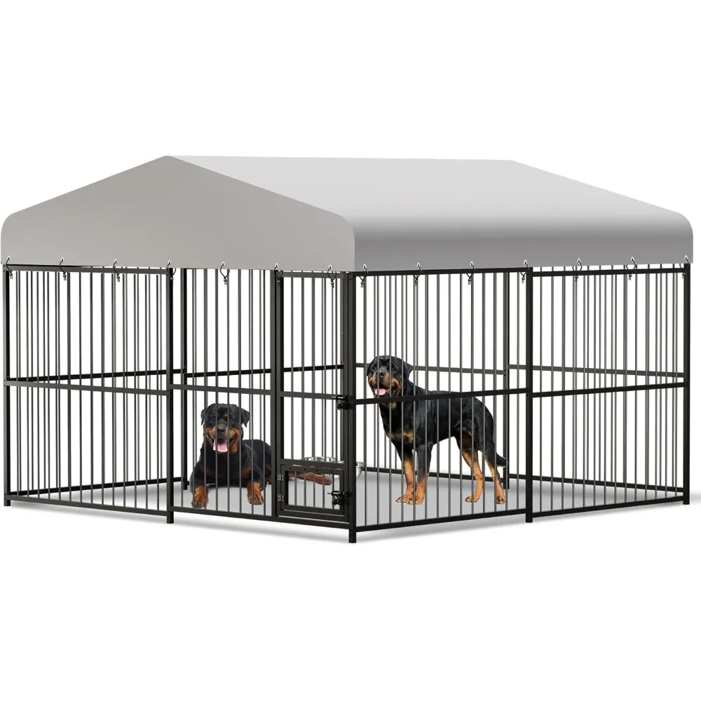 Large Outdoor Dog Kennel with Waterproof Cover, Large Dog House with Feeding Doors, Heavy Duty Dog Enclosures for Garden Backyar