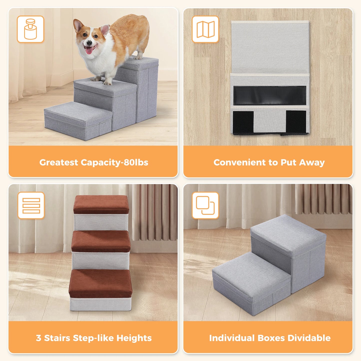 3-Tier Dog Stairs Foldable Pet Stair with Storage Box Adjustable Height Dog Steps for Small Old Dog Cat Non-Slip Pet Ramp Indoor
