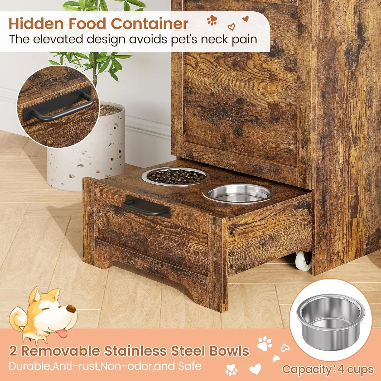 Dog Feeding Station With 2 Elevated Bowls Flip Top Food Storage Cabinet & Pet Toy Organizer 48-Quart Capacity Pull-Out Feeder