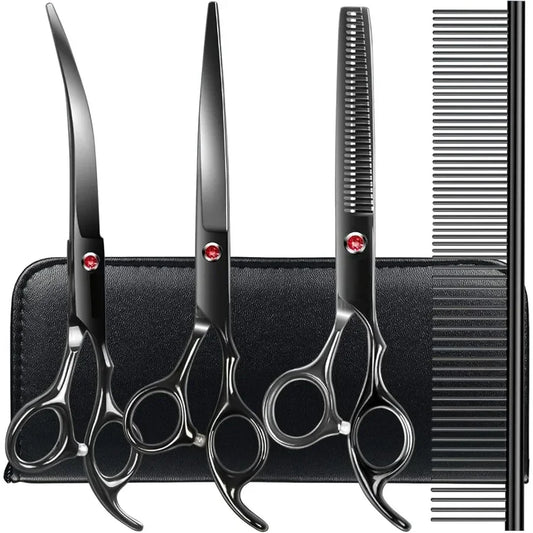 Professional Dog Grooming Scissors kit Black 5 in 1 Dog Shears for Grooming 6CR Premium Stainless Steel Grooming Scissors Kit f