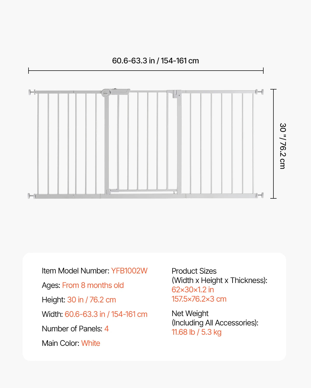 VEVOR Baby Gate 28/30/36 Inches High Dog Gate Easy Step Walk Thru Child Pet Security Pressure Mount Kit Wall Cups Doorways